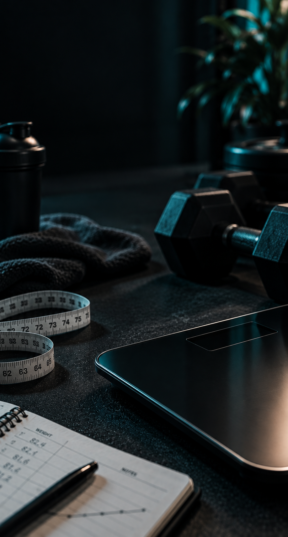 Fitnessmetingen met een weegschaal, meetlint en dumbbells